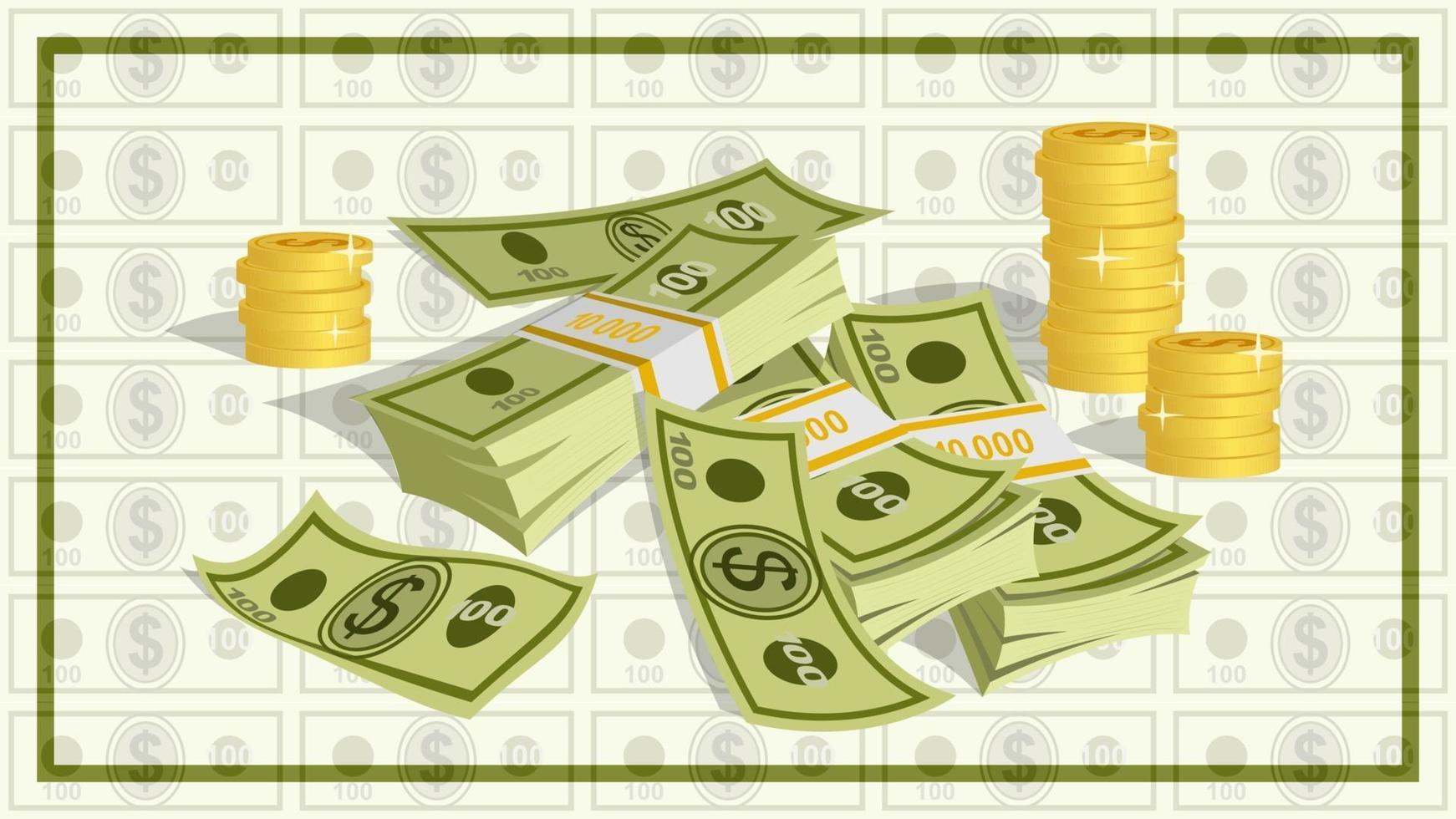 Bundles of 100 Dollar Bills and Stacks of Gold Coins Cartoon vector