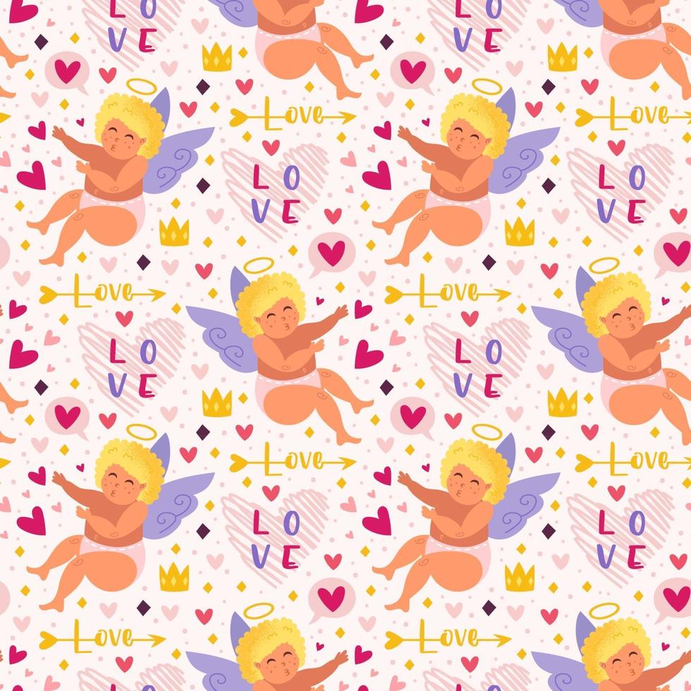 Funny cupids with bow, halo and hearts seamless pattern vector