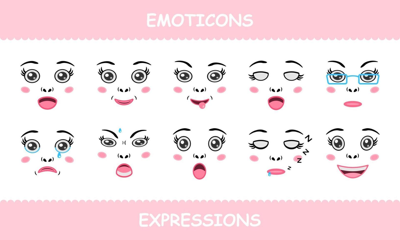 Set Emoticons Faces Expressions Isolated Cartoon Flat vector