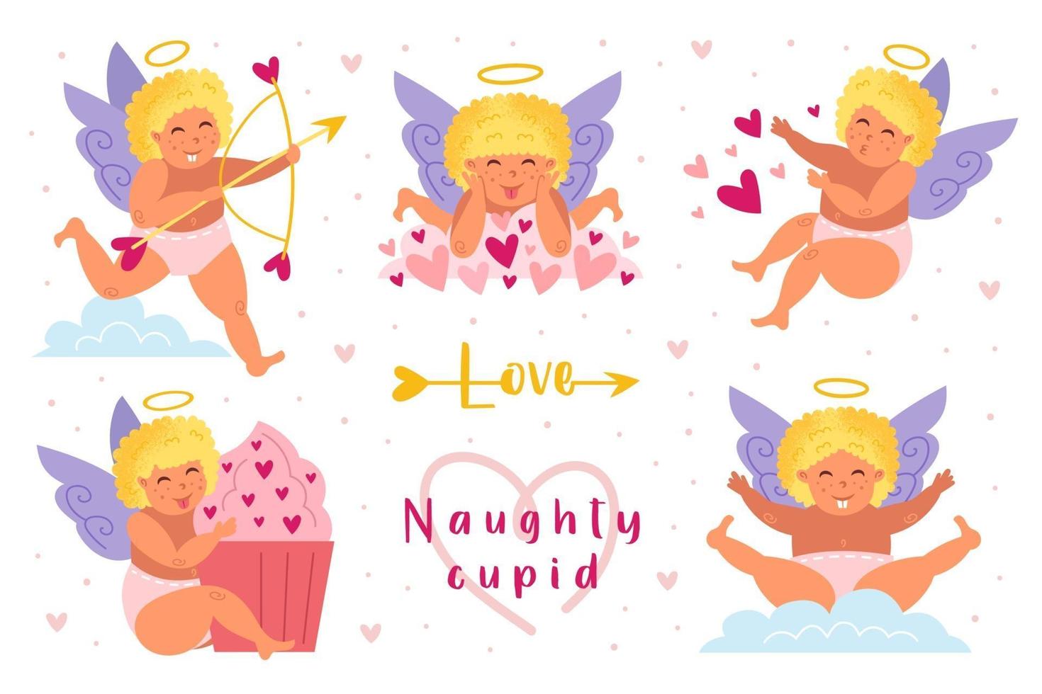 Funny cupids with blond hair and halo set vector