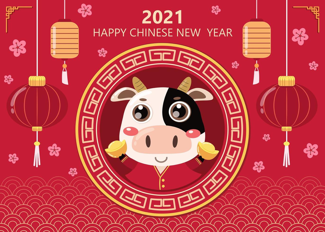 Happy Chinese new year greeting card. 2021 Ox zodiac. Cute cow and gold money. Animal holiday cartoon character. vector