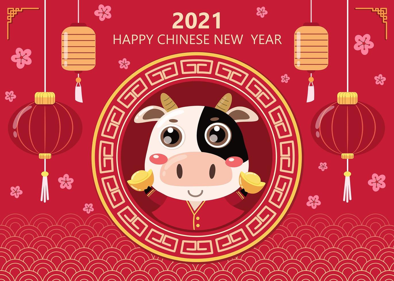 feliz año nuevo chino tarjeta de felicitación. 2021 zodiaco buey. linda vaca y dinero de oro. personaje de dibujos animados de vacaciones de animales. vector