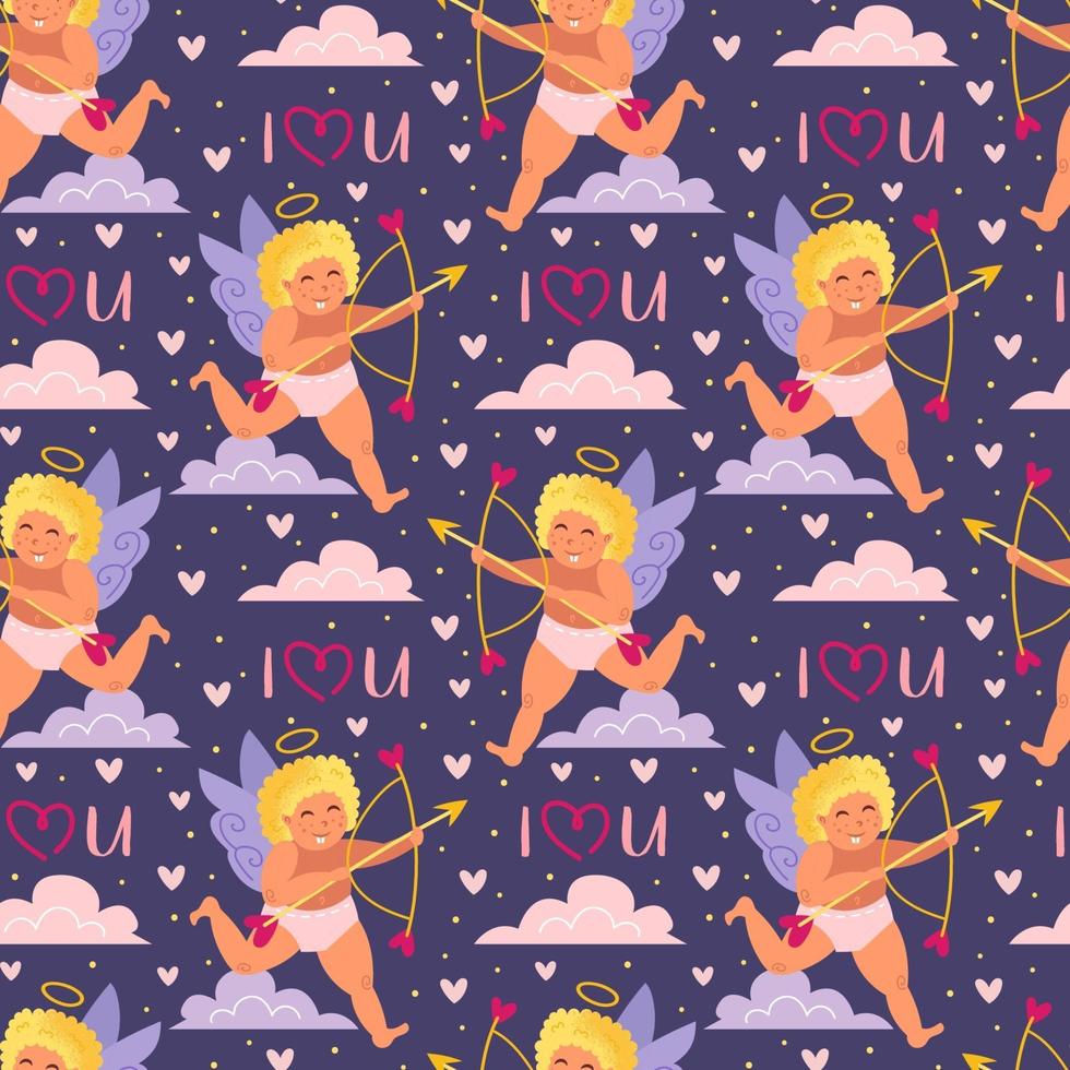 Funny cupid with arrow, bow and halo seamless pattern vector