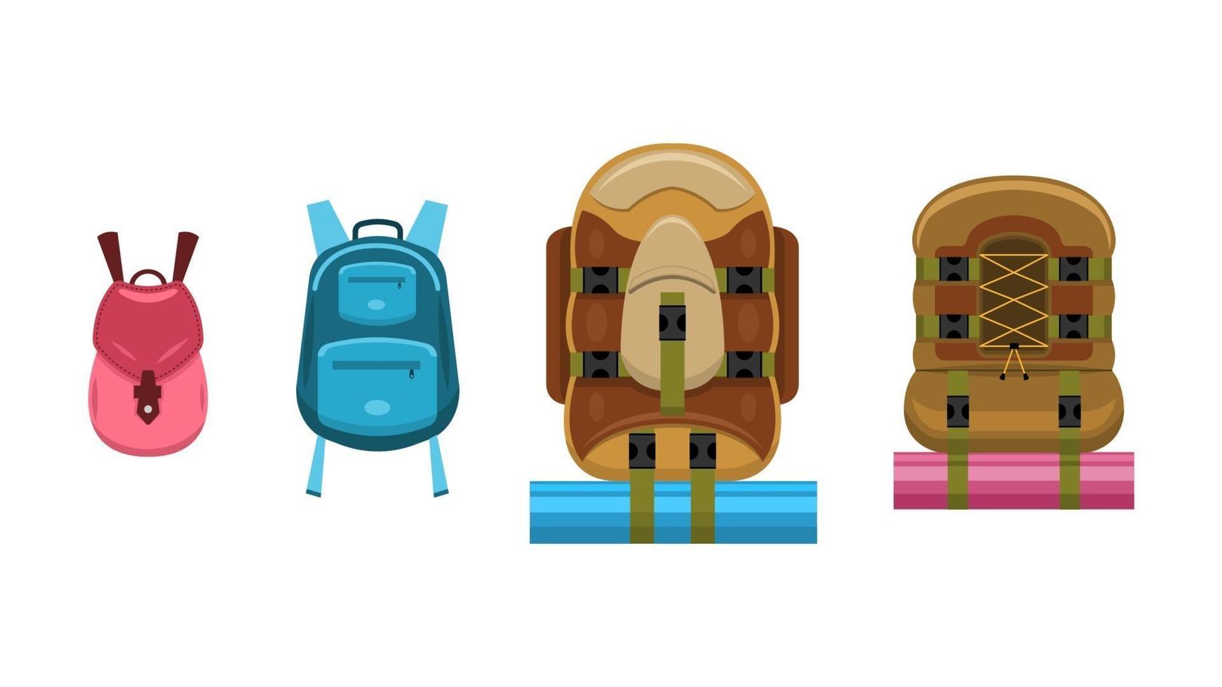 conjunto de mochilas, estilo plano de dibujos animados vector