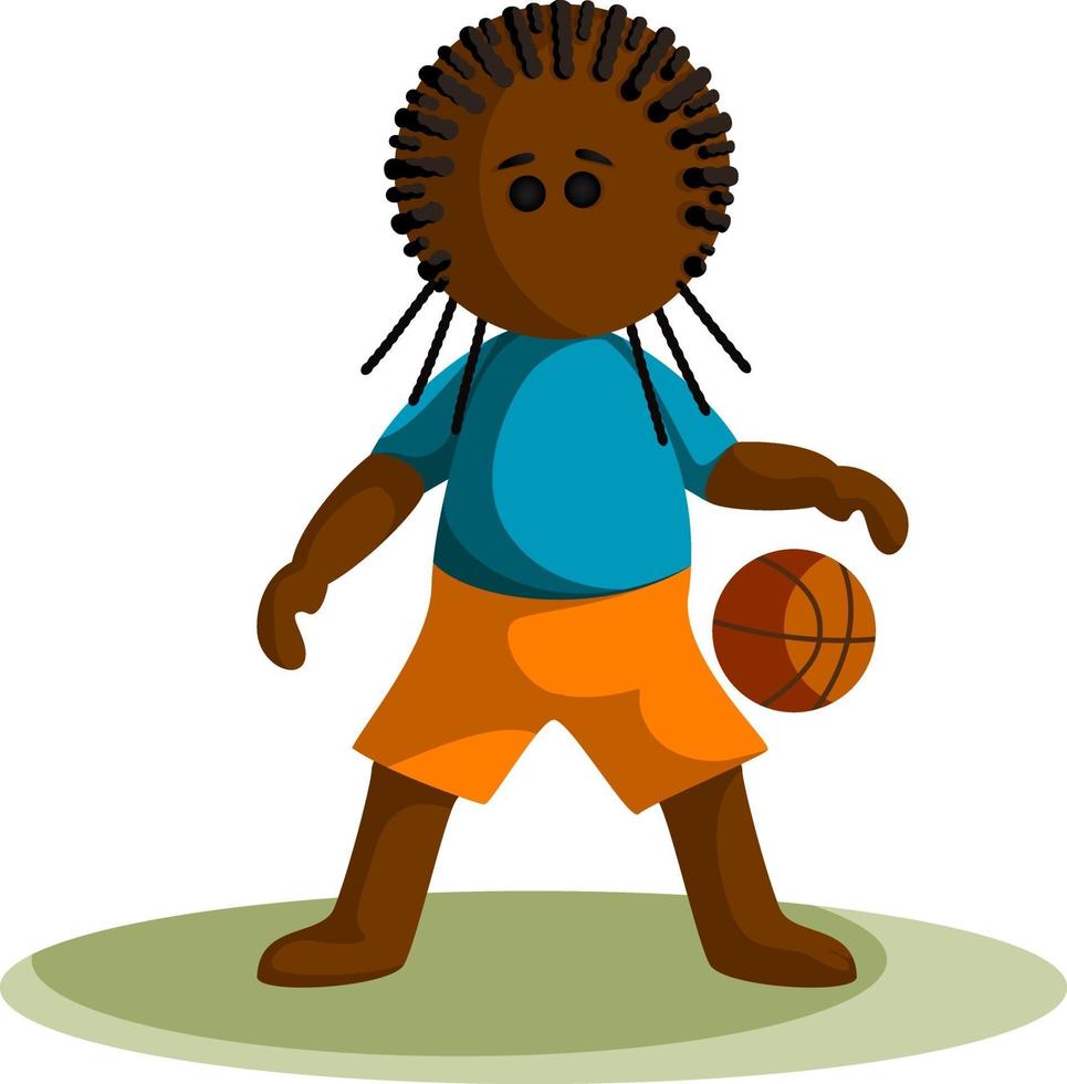 imagen vectorial de un niño de piel oscura con una pelota de baloncesto. estilo de dibujos animados. vector