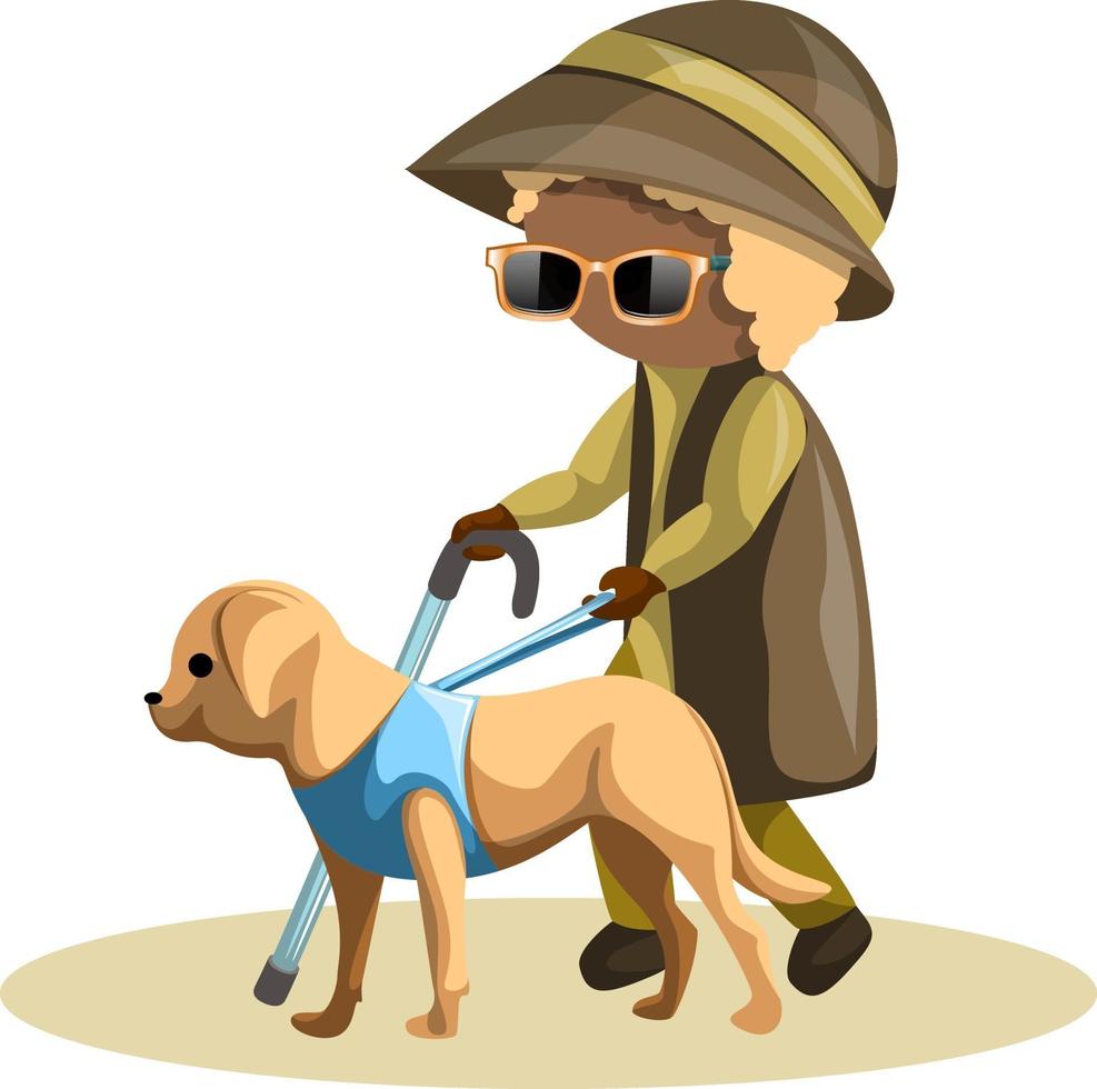 Vector image of a blind grandmother with a guide dog on a leash. Cartoon style.