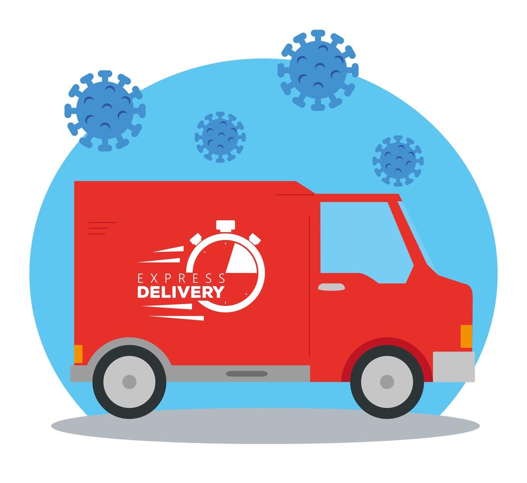 delivery van with particles coronavirus icons vector