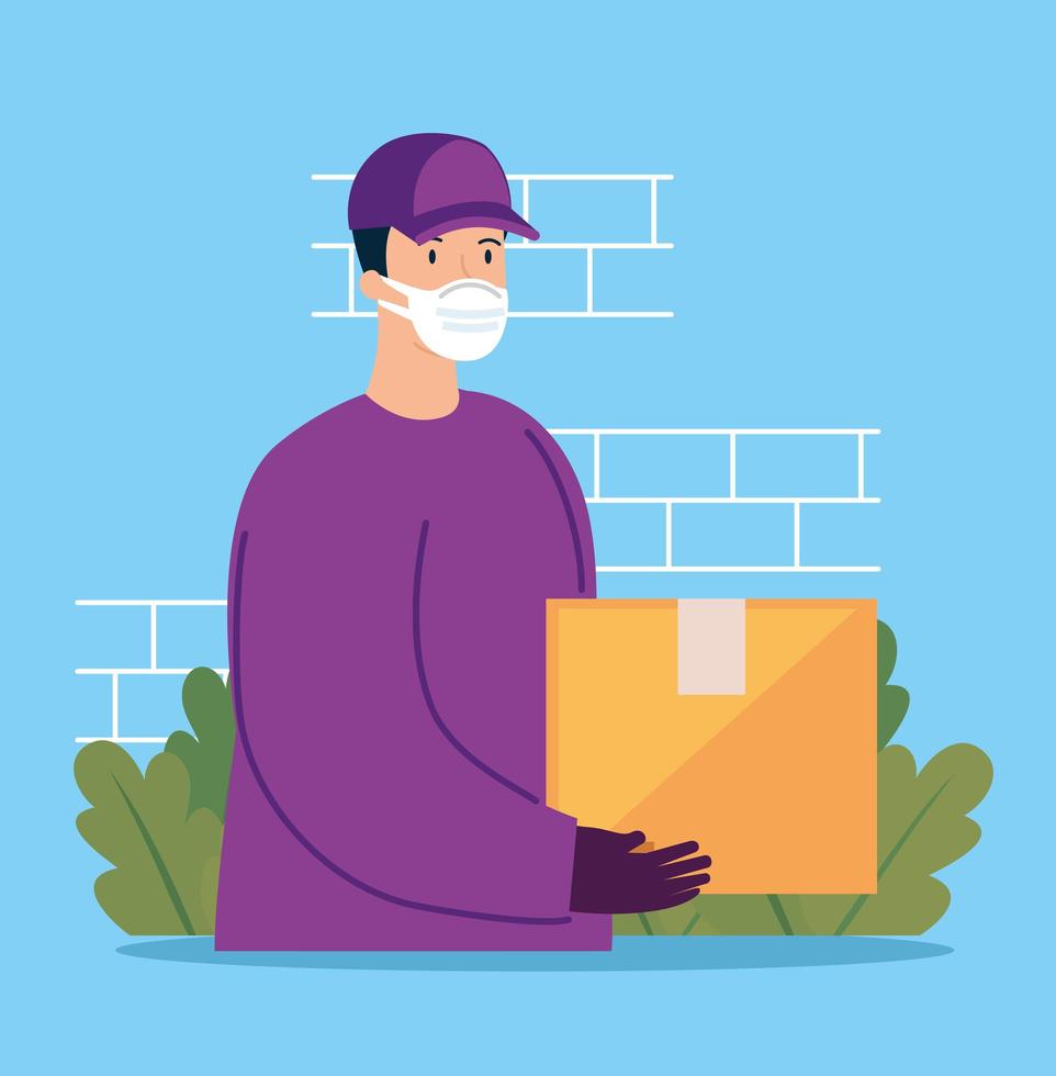 delivery worker with face mask and package vector