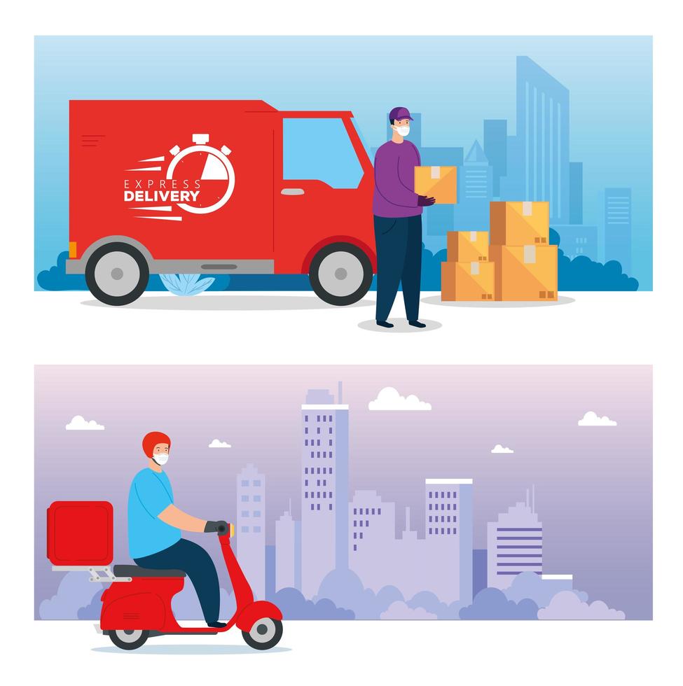 scenes with delivery workers wearing face masks vector
