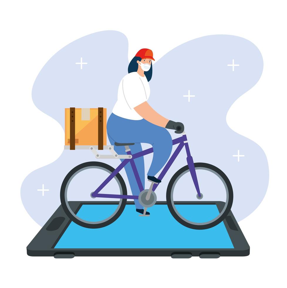 smartphone and delivery worker with face mask in bike vector