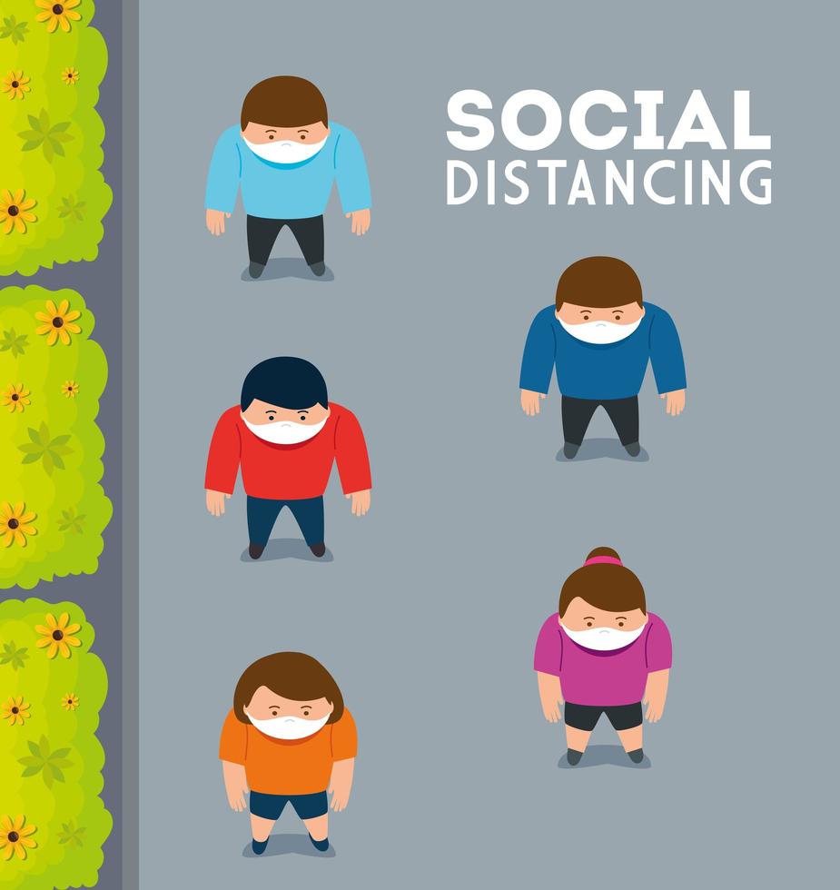 Coronavirus social distancing campaign with top view of people wearing face masks vector