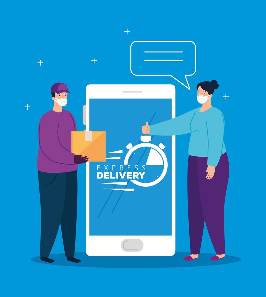 smartphone with app express delivery and people with face masks vector