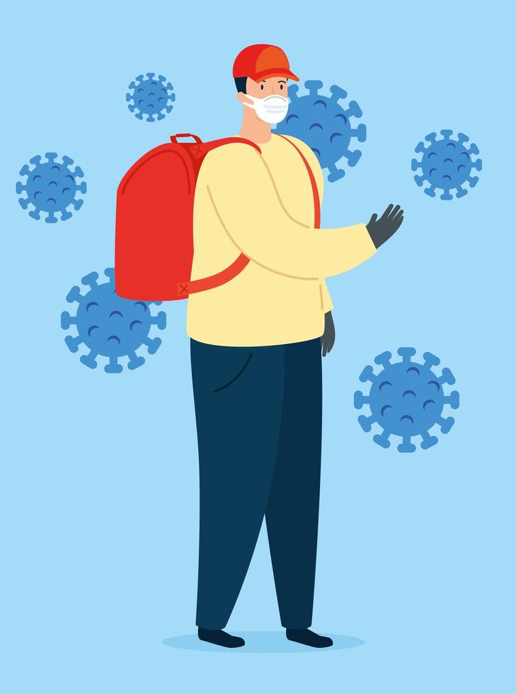 delivery worker with face mask and coronavirus icons vector