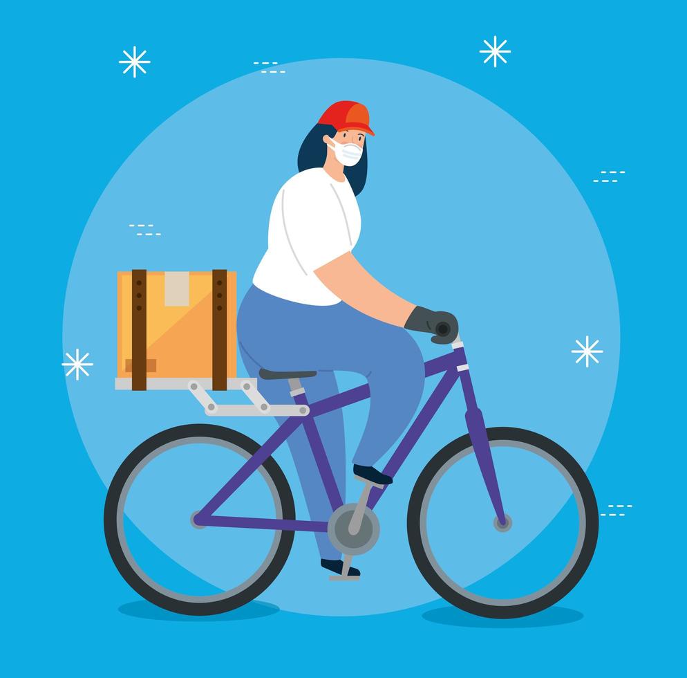 delivery worker with face mask on a bike vector