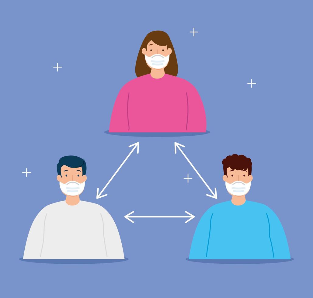 Coronavirus social distancing campaign with people wearing face masks vector