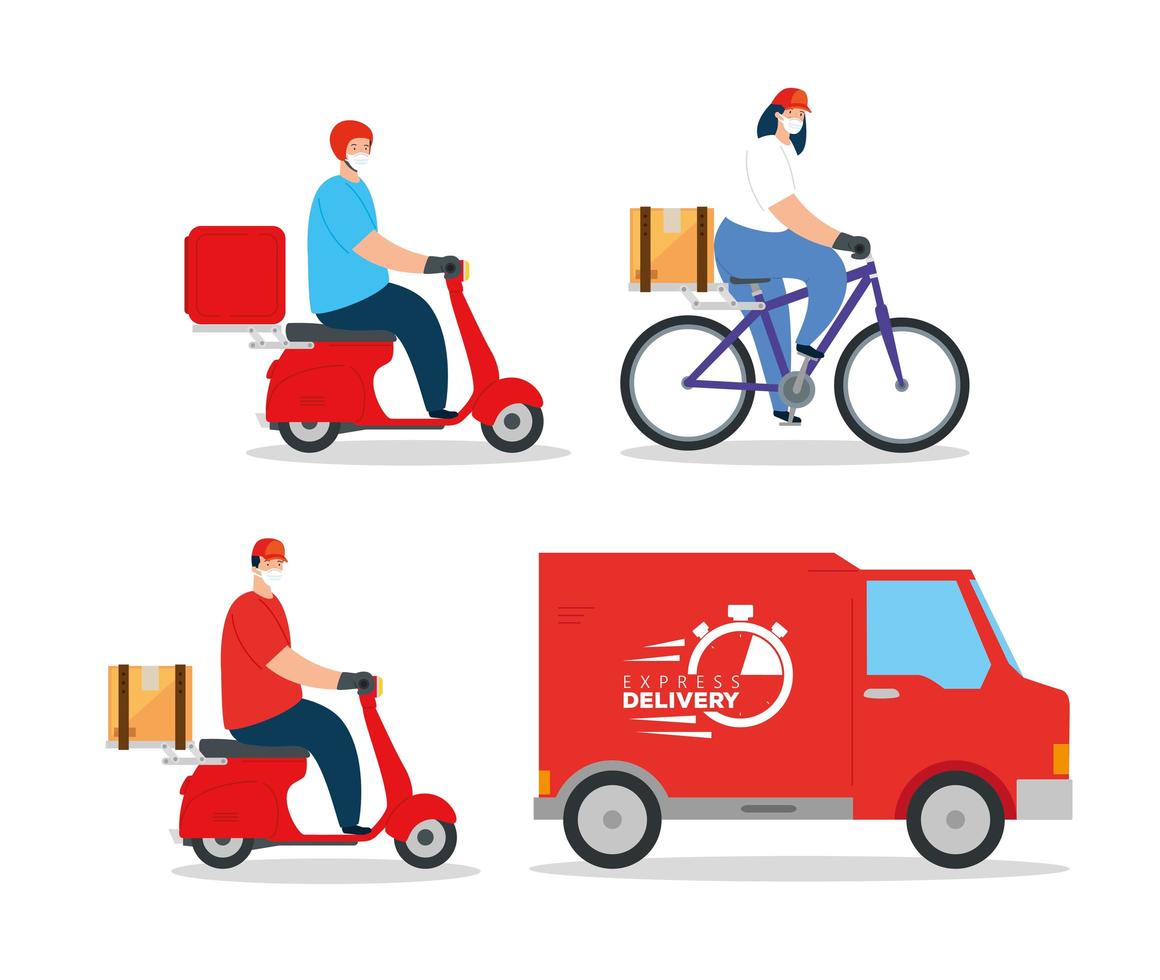 set of delivery workers with face masks and vehicles vector