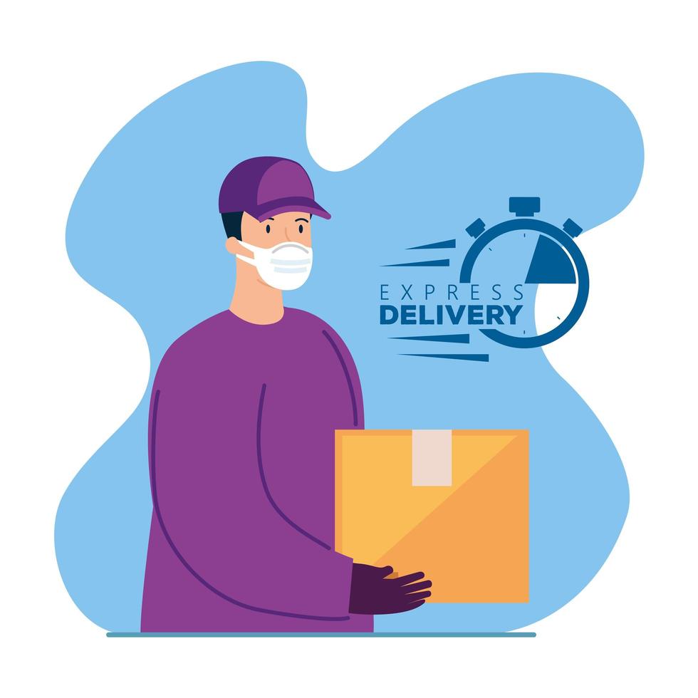 delivery worker with face mask and package vector