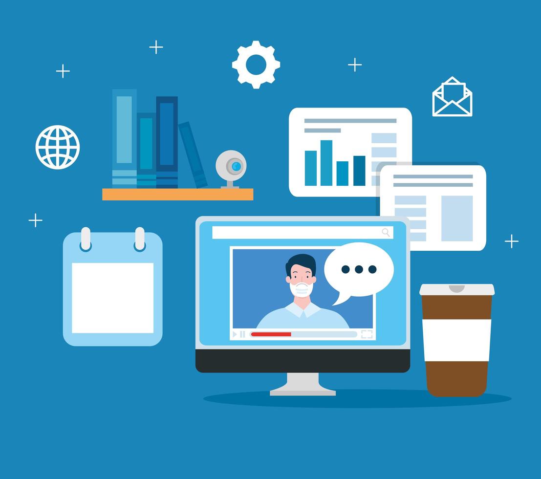 online education technology with computer and icons vector