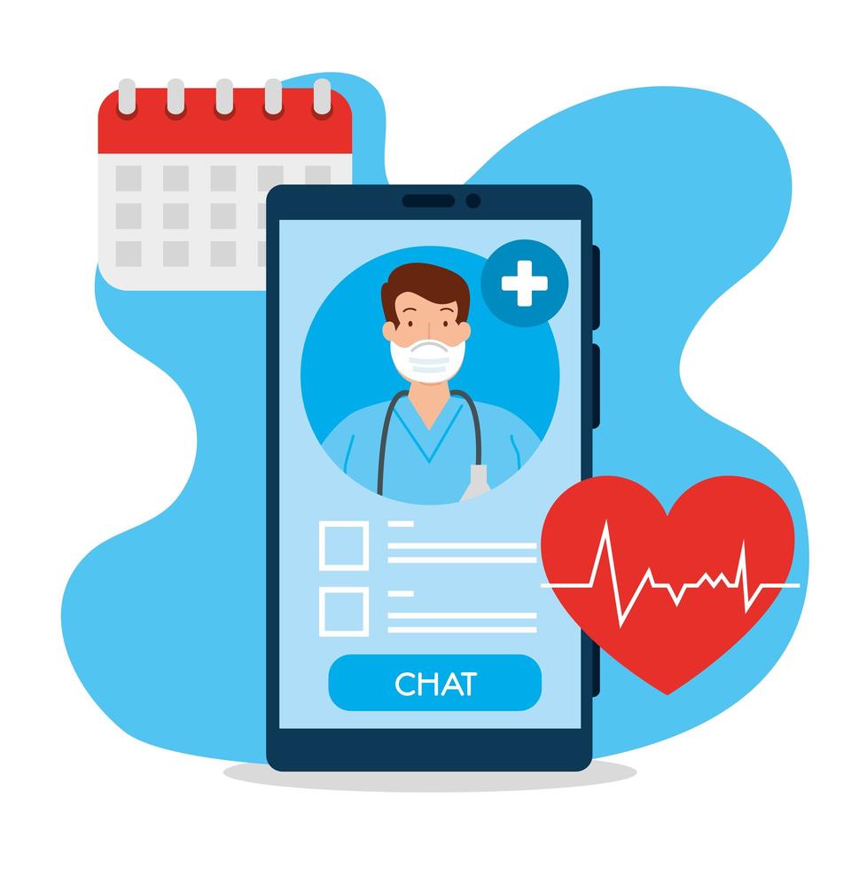 Tecnología de telemedicina con médico en un teléfono inteligente e iconos médicos. vector