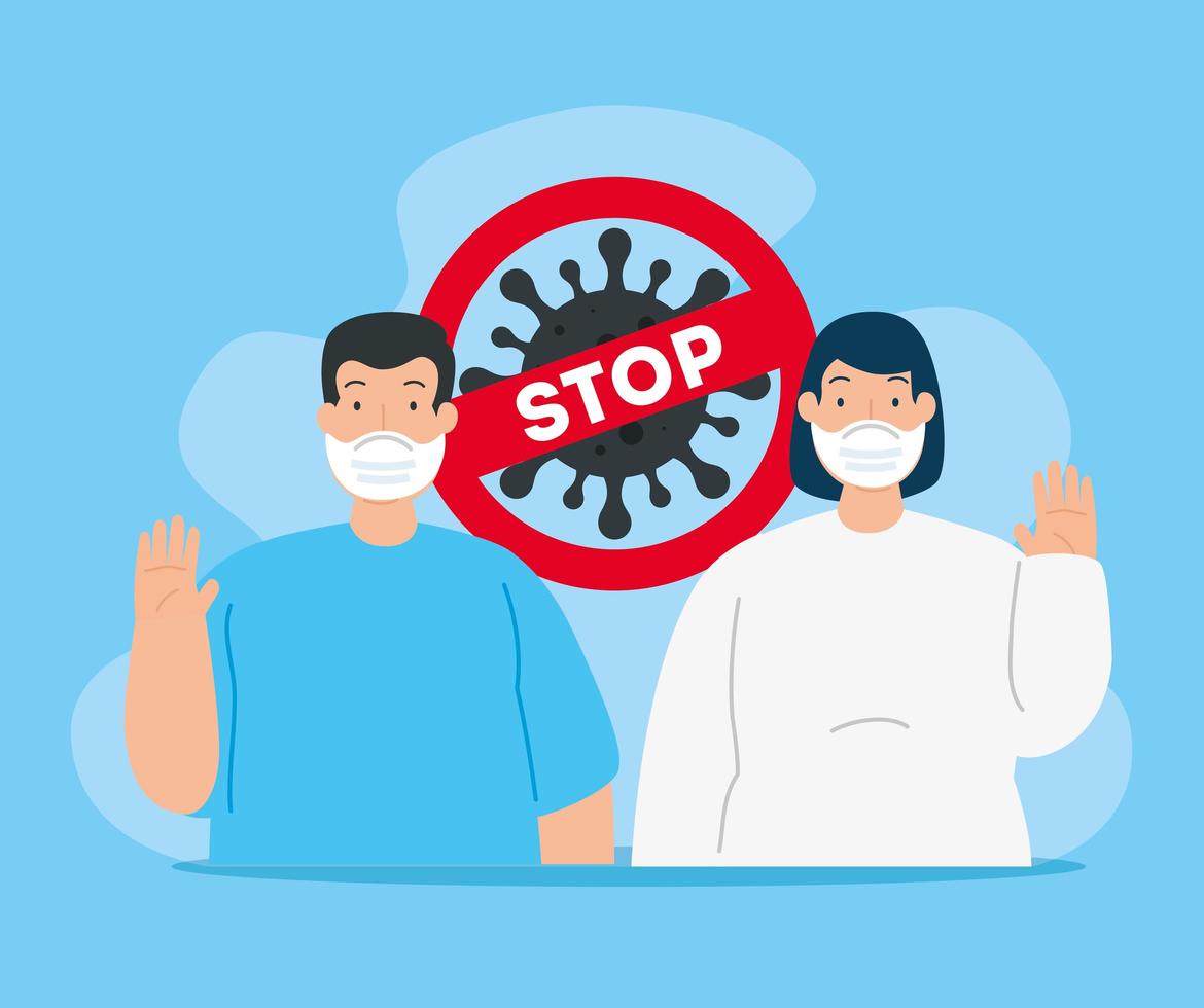 Stop coronavirus campaign with couple wearing face masks vector