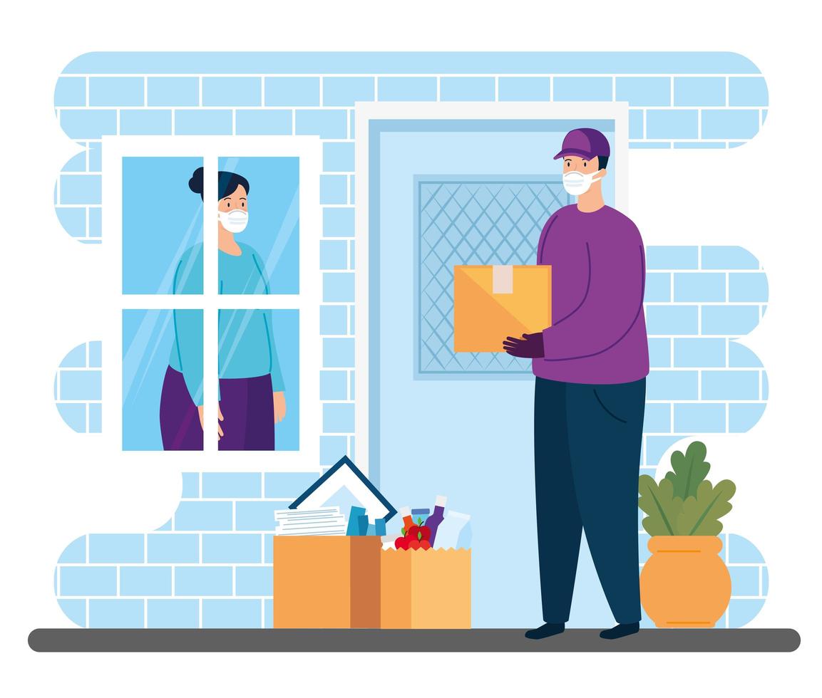 worker with face mask delivering packages vector