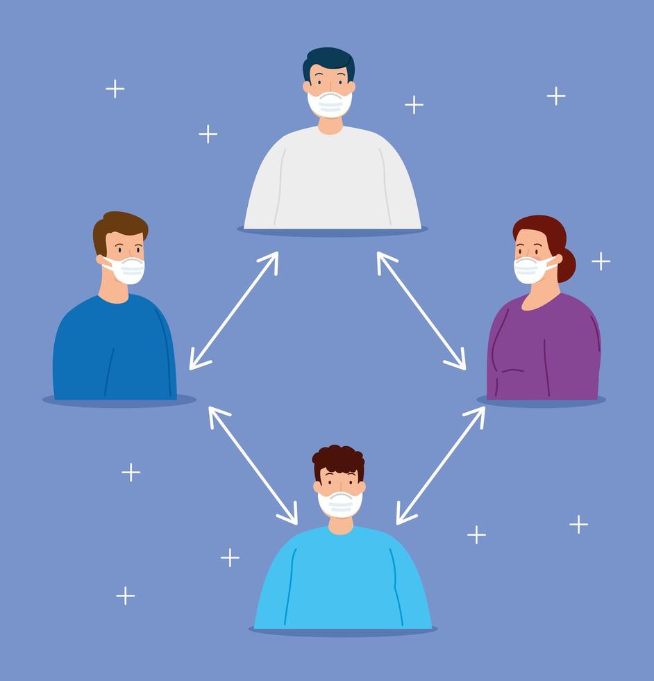 Coronavirus social distancing campaign with people wearing face masks vector