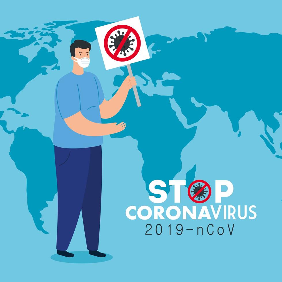 Stop coronavirus campaign with man wearing a face mask vector