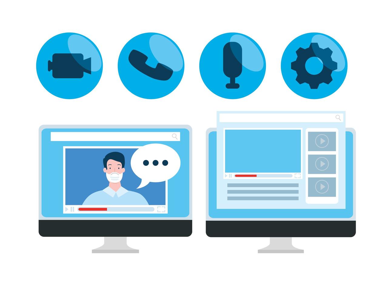 online education technology with computers and icons vector