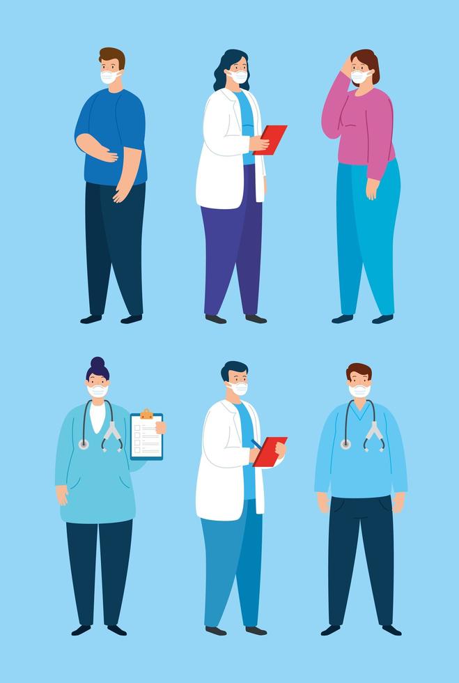 group of medical staff and sick people wearing face masks vector