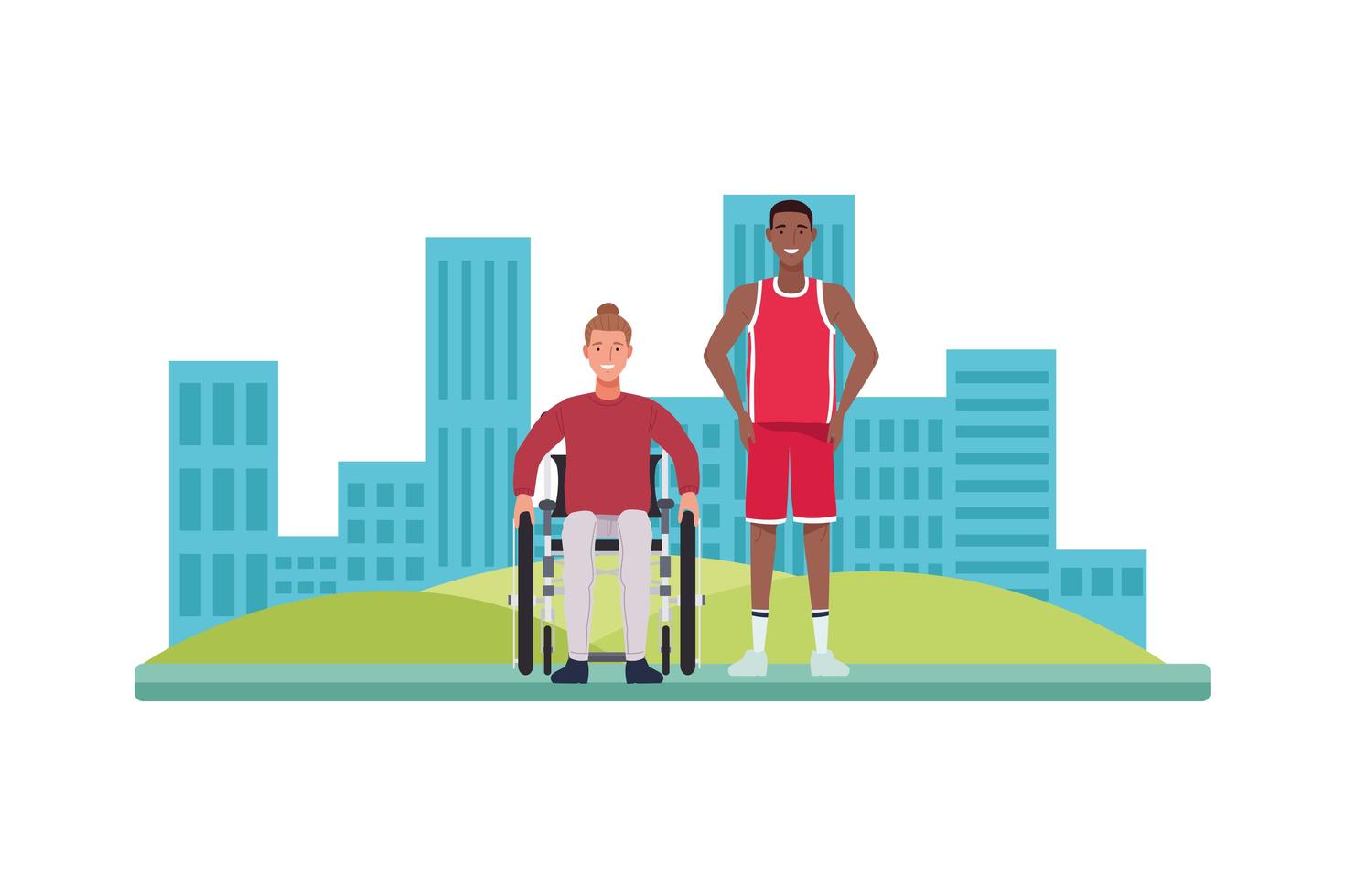 man in wheelchair and basketball player characters vector