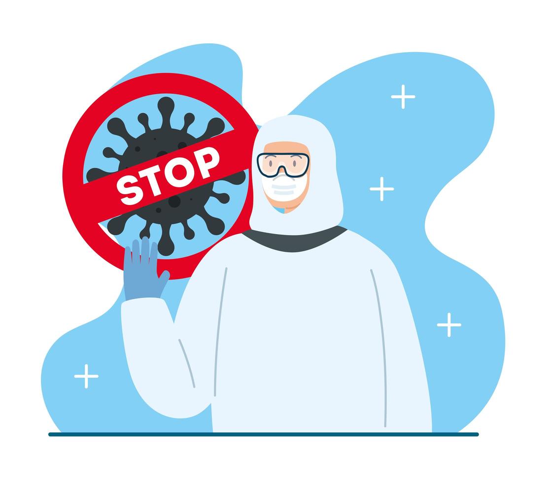 Detener la campaña de coronavirus con un hombre en un traje de materiales peligrosos vector