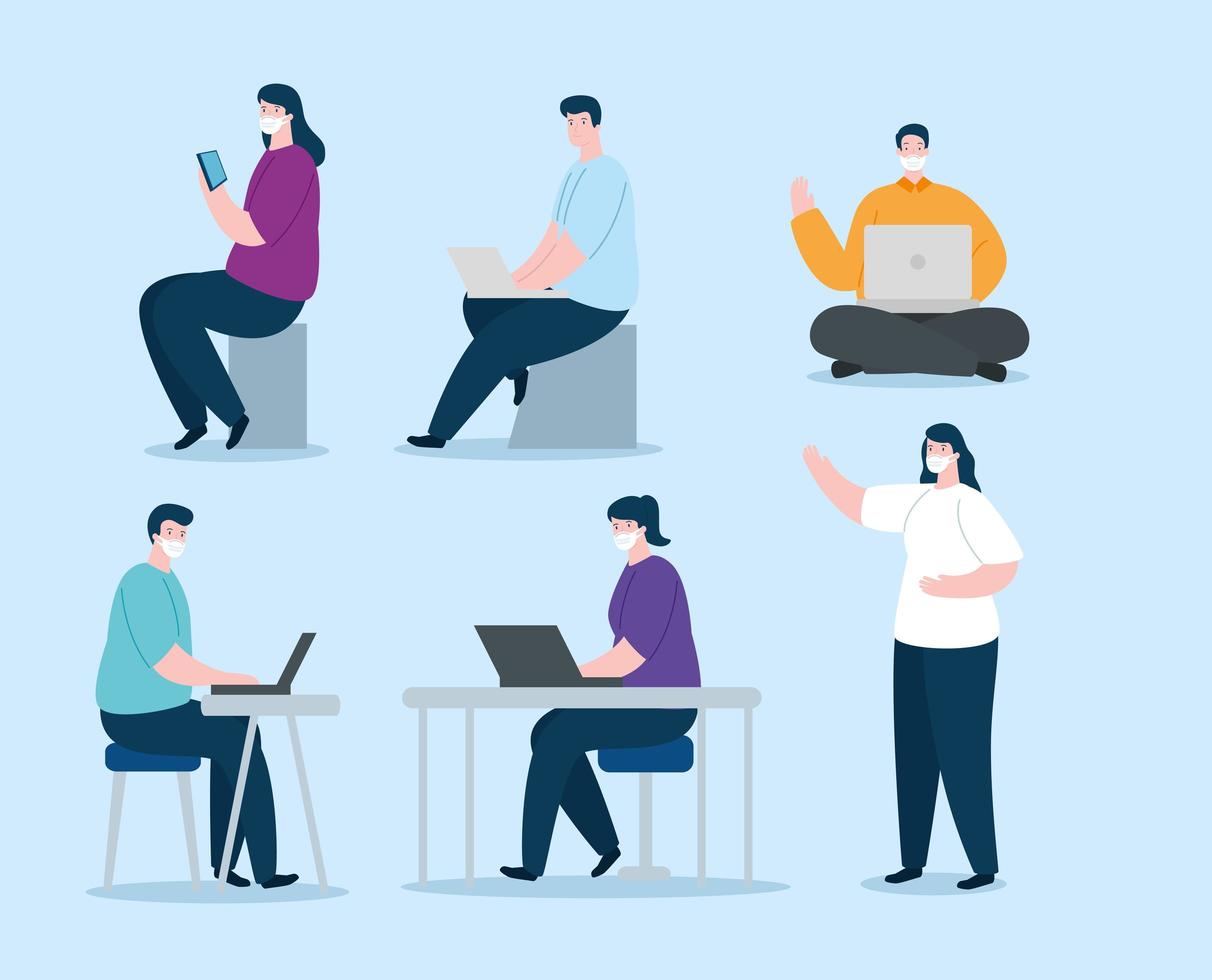 group people wearing face masks with electronic devices vector