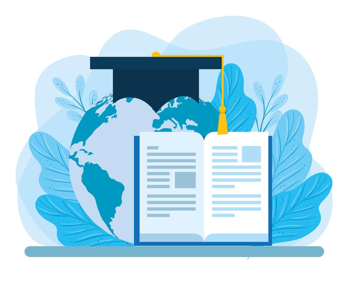 book with planet Earth and graduation hat vector