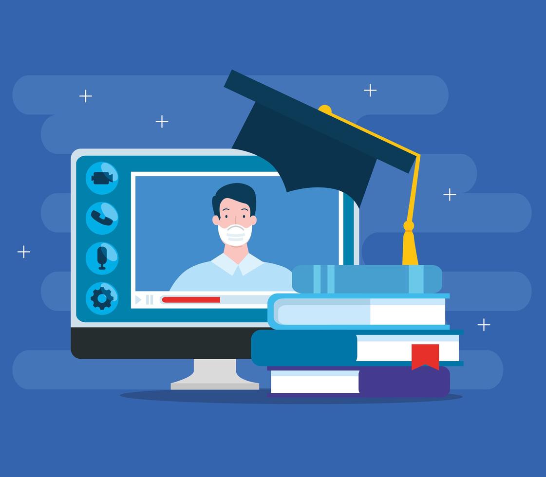 online education technology with computer and icons vector