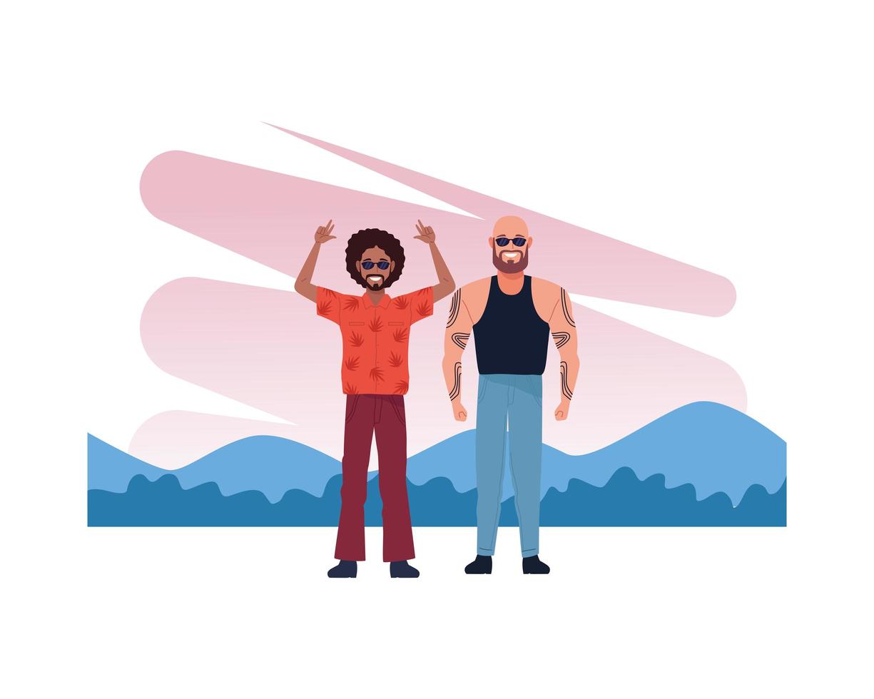 cool guy and bald man with tattoos characters vector