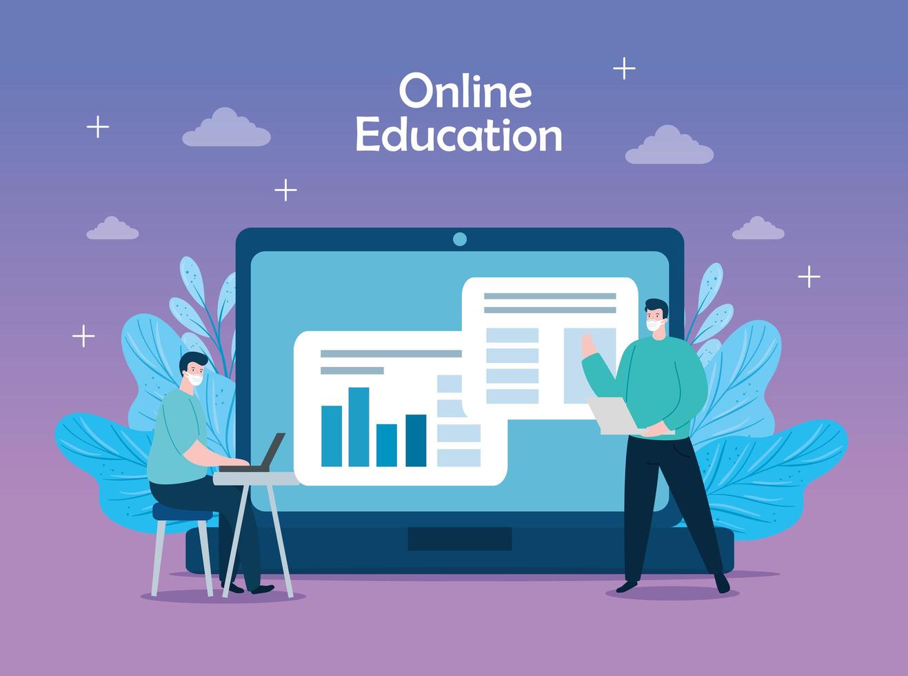 online education technology men with icons vector
