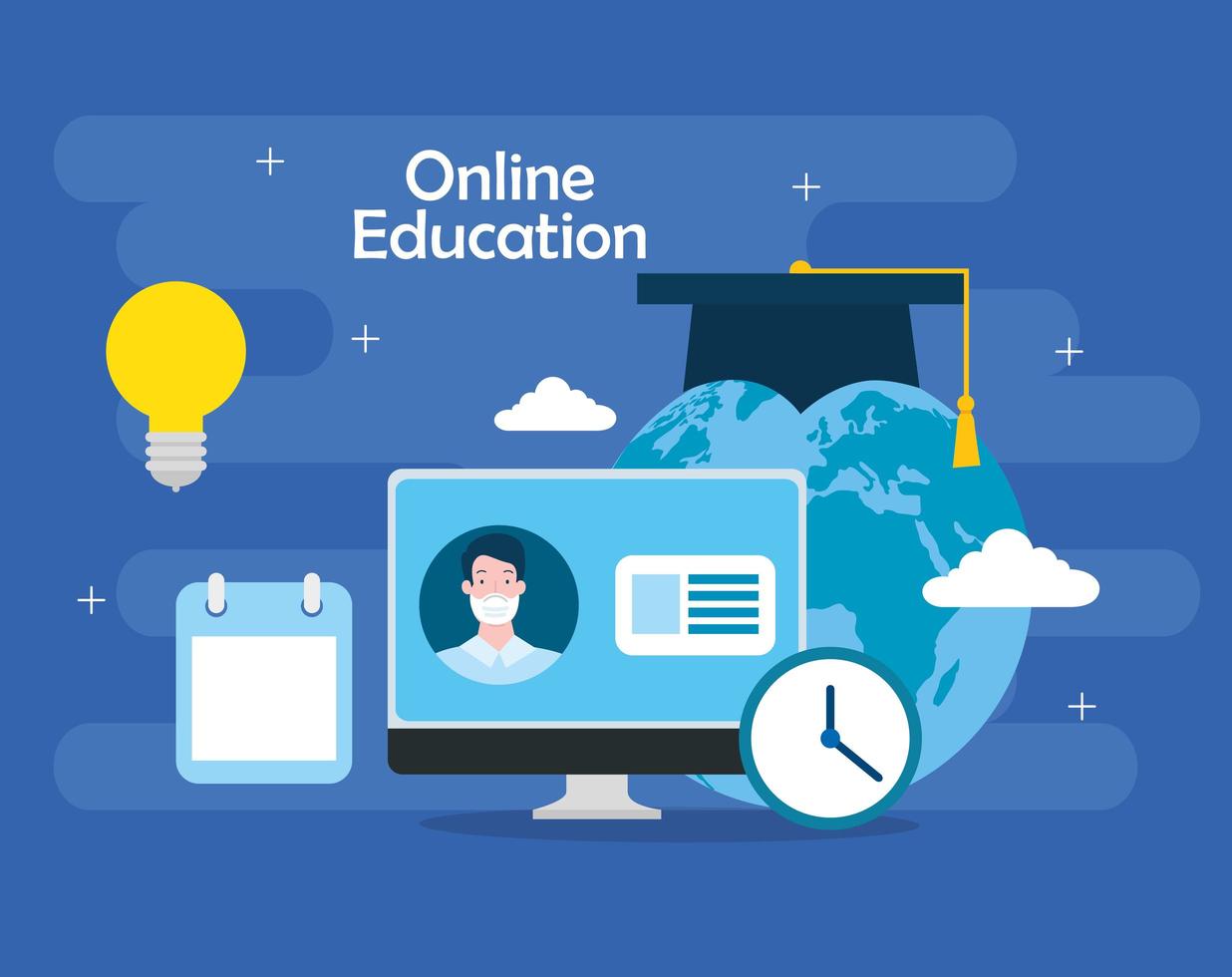 tecnología de educación en línea con computadora e iconos vector