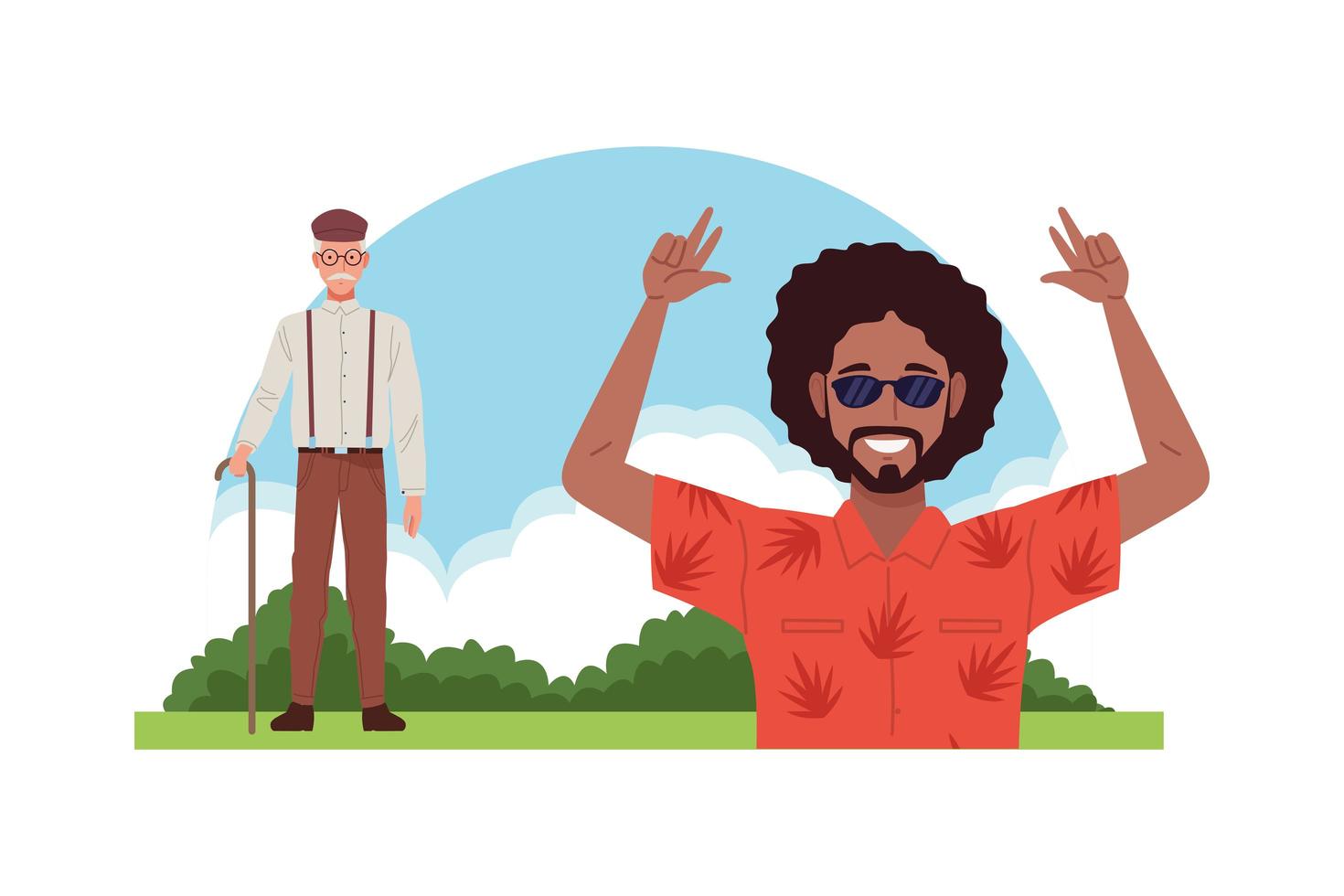 cool black man and old man with cane characters vector