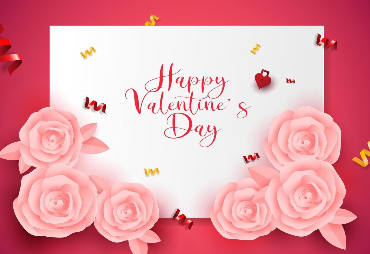 Banner de venta de diseño de tarjeta de felicitación de San Valentín, fondo de cartel con forma de origami de rosas rosadas. vector
