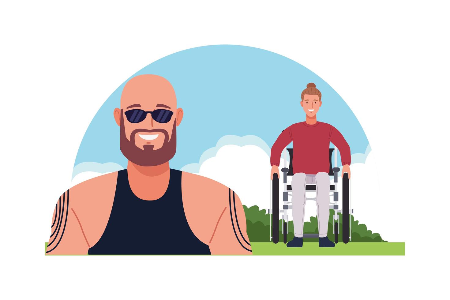 bald tattooed man and man in wheelchair characters vector