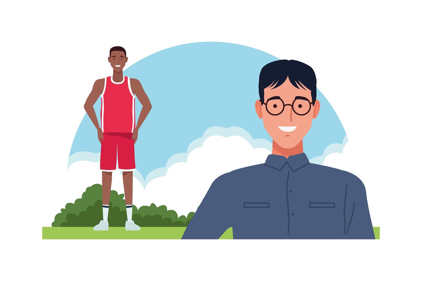 personajes nerd y jugador de baloncesto vector