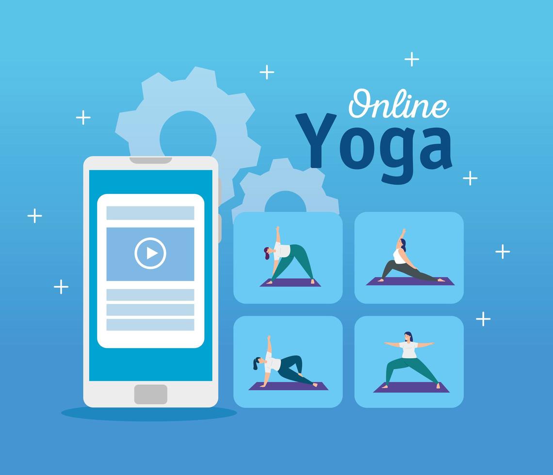 mujeres practicando yoga online vector