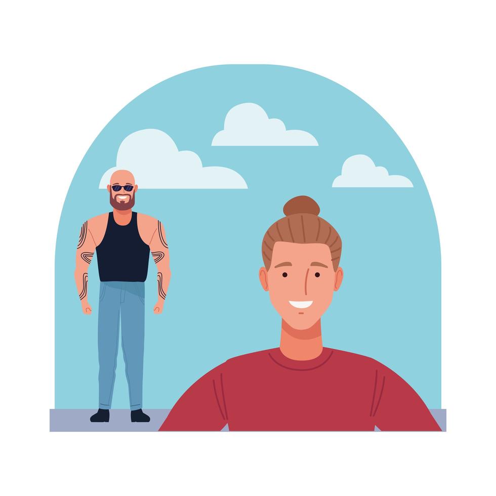 bald tattooed man and man with man bun characters vector