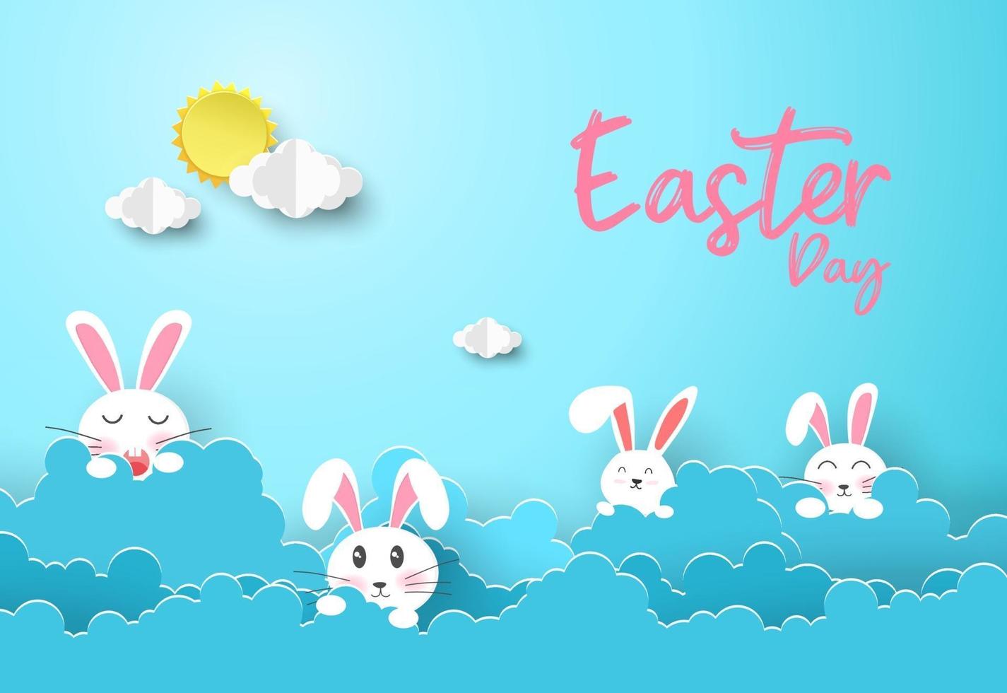 Happy Easter vector with bunnies in clouds.