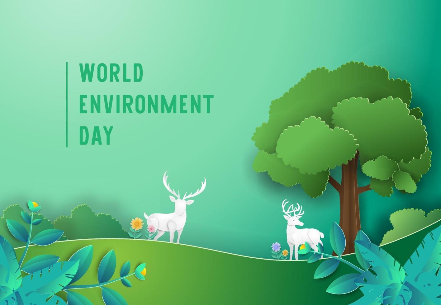 concepto del día mundial del medio ambiente con ciervos en el bosque vector