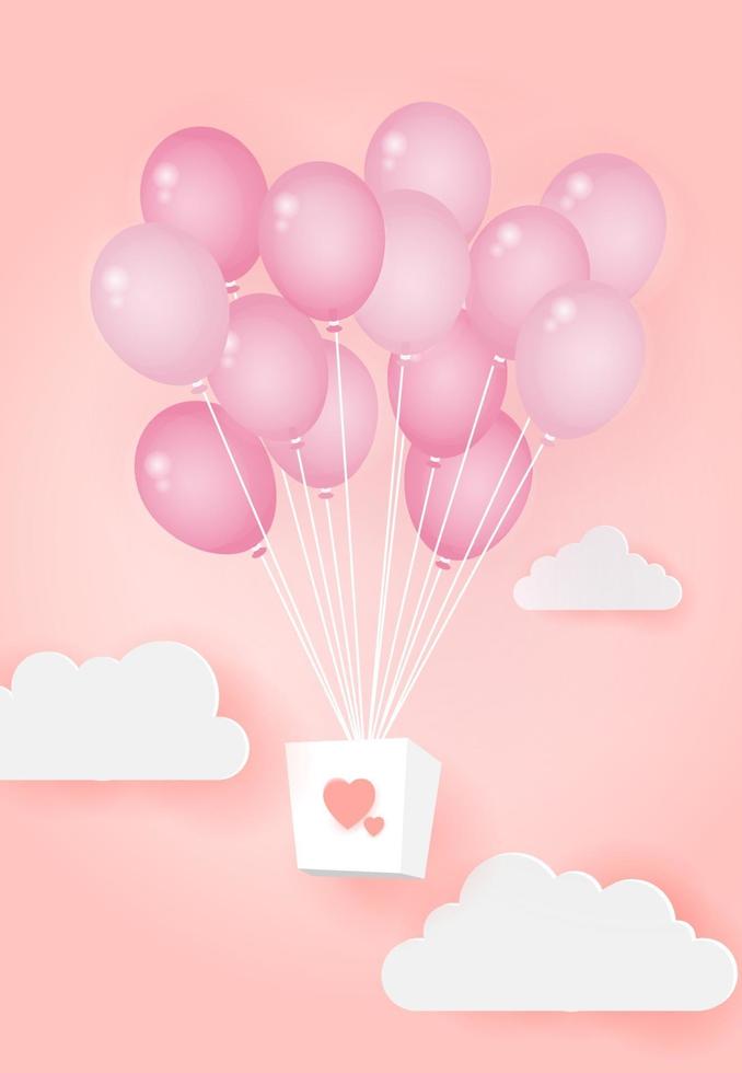 Heart air balloons holding gift flying in sky vector