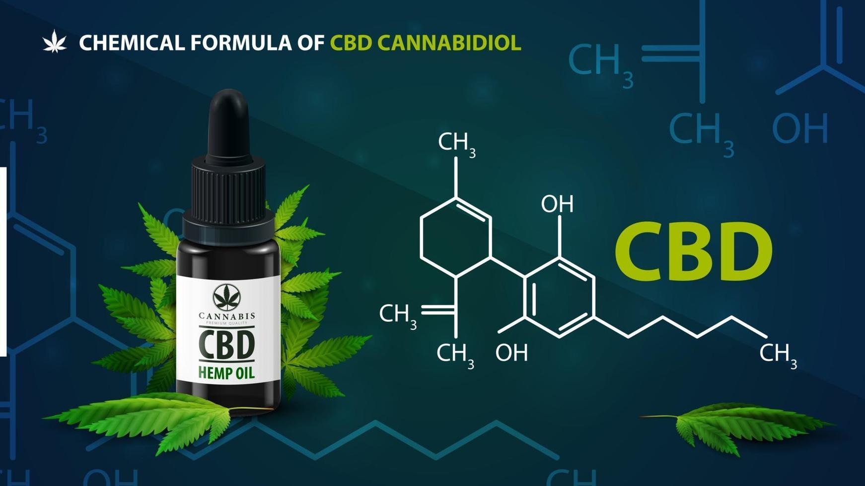 fórmula química de cbd cannabidiol y botella de aceite de cbd con hojas de cannabis. cartel oscuro con infografía de fórmula química de cbd cannabidiol vector