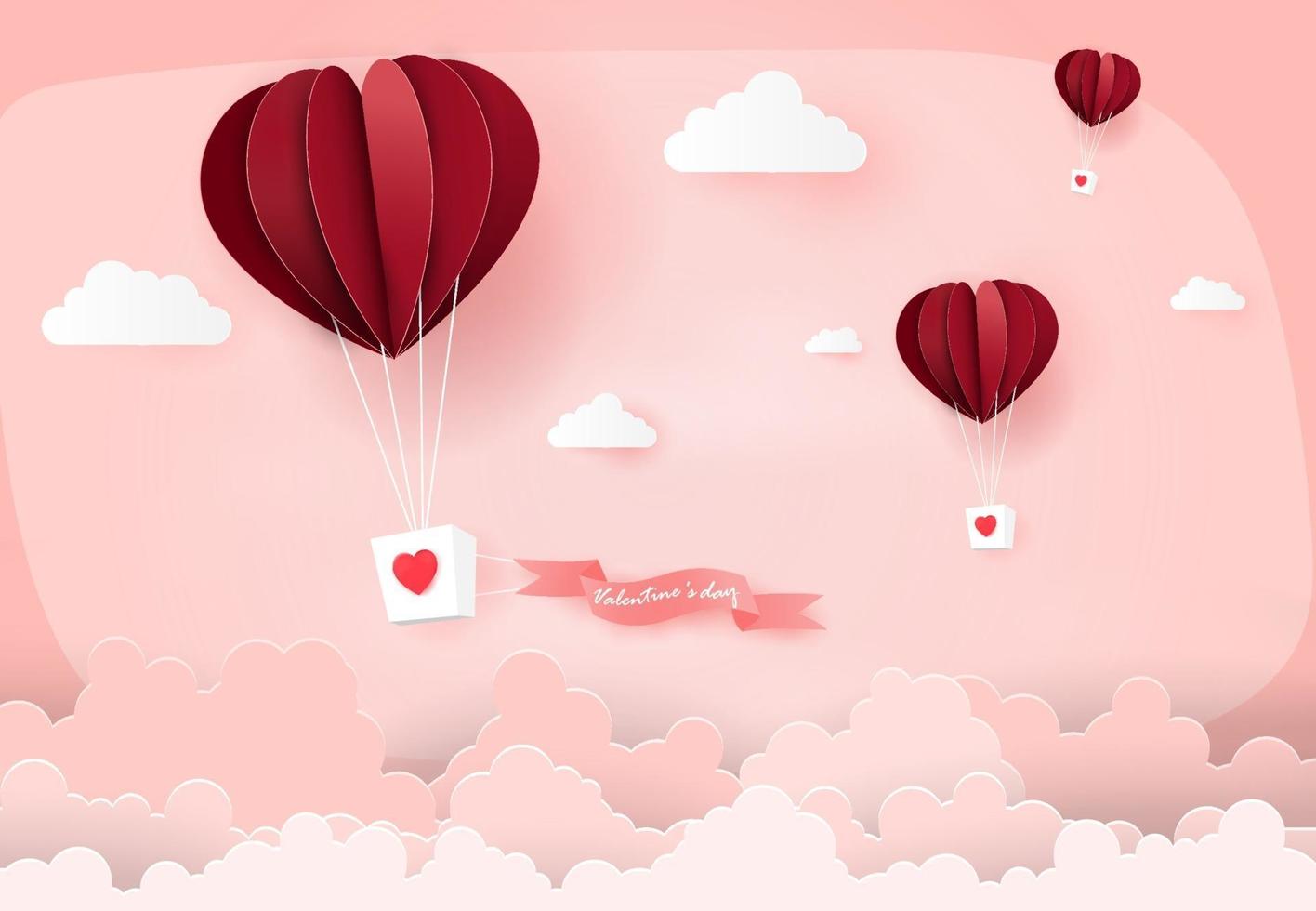 Heart air balloons in pink sky vector