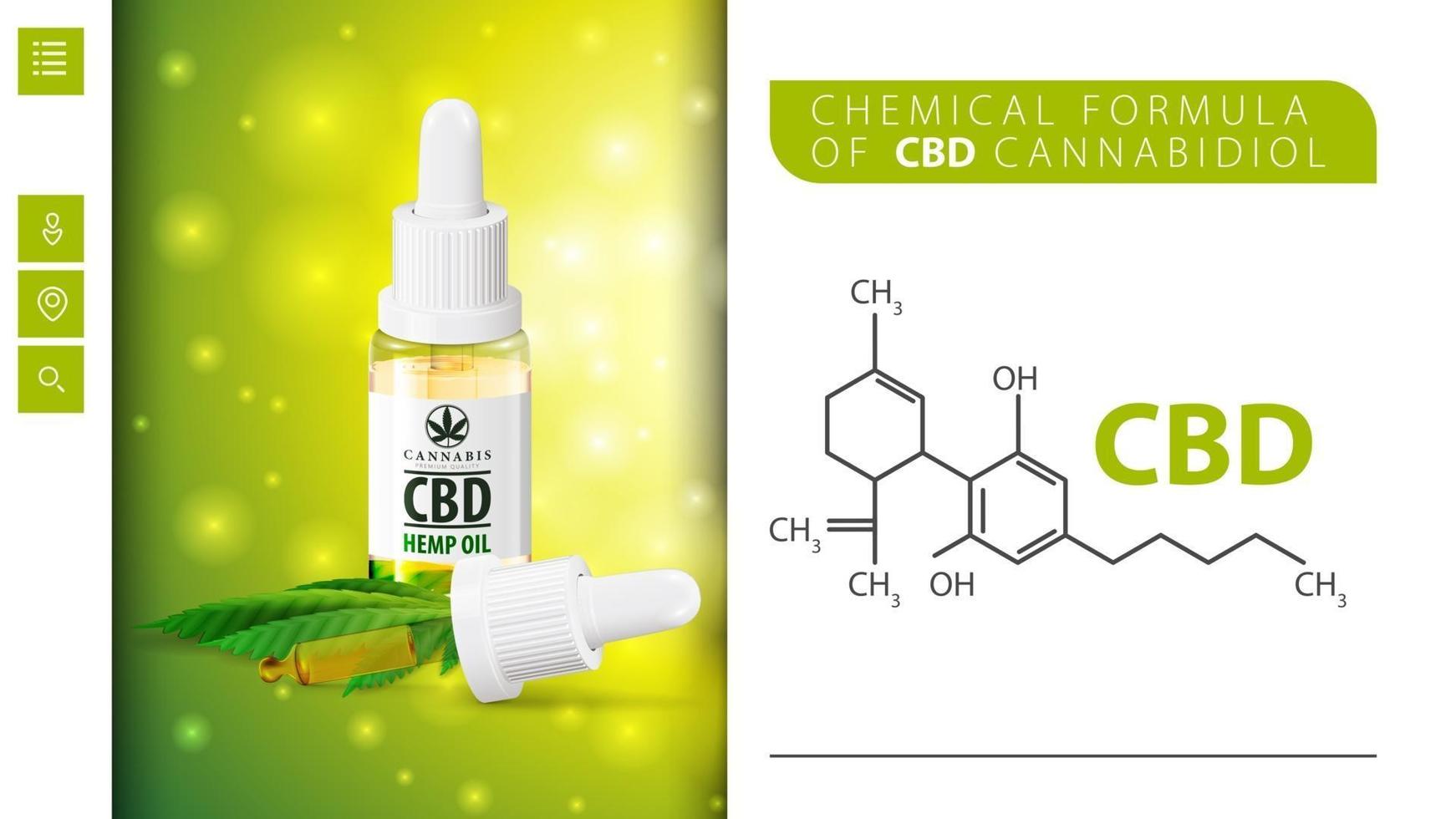 Chemical formula of CBD cannabidiol and CBD oil bottle with pipette. White and green poster for website vector
