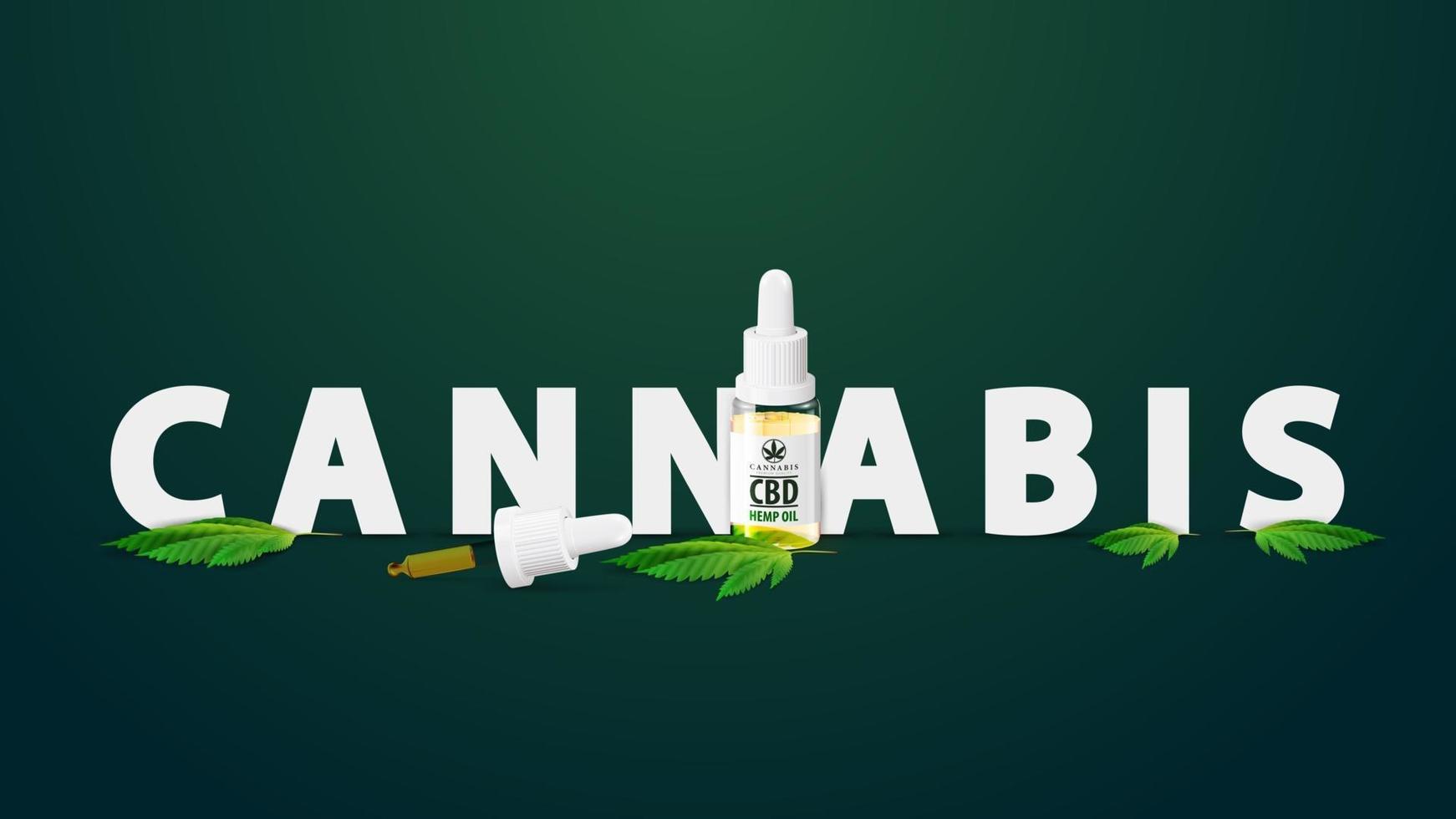 Cannabis oil logo, sign, symbol. 3D title decorated with bottle of Medical cbd oil and hemp leaf vector